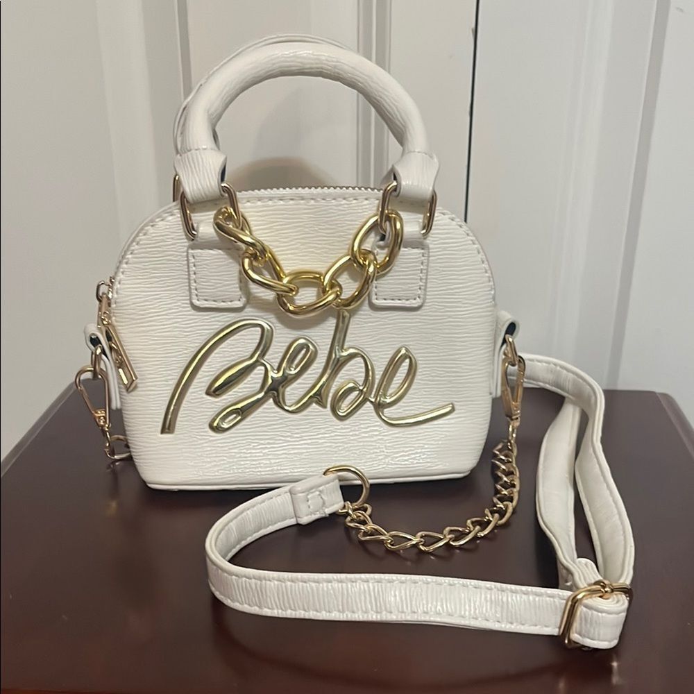 Bebe White Gold Mini TopHandle convertible Crossbody Bag Chain Accents Y2K style